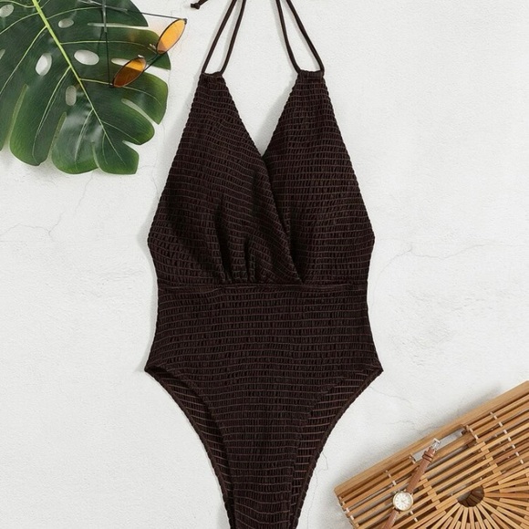 Smocked Halter Monokini One Piece Bathing Suit - Picture 4 of 8